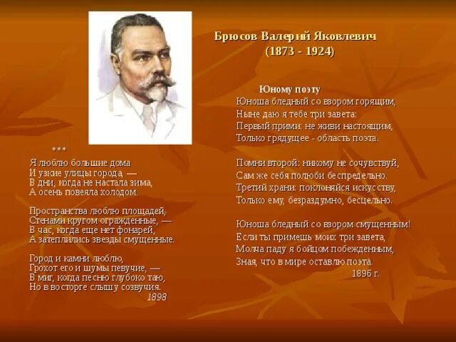 Брюсов стихи анализ. Стих Брюсова юному поэту. Юному поэту Брюсов стих. Брюсов юному поэту стихотворение. Брюсов юноша бледный со взором.