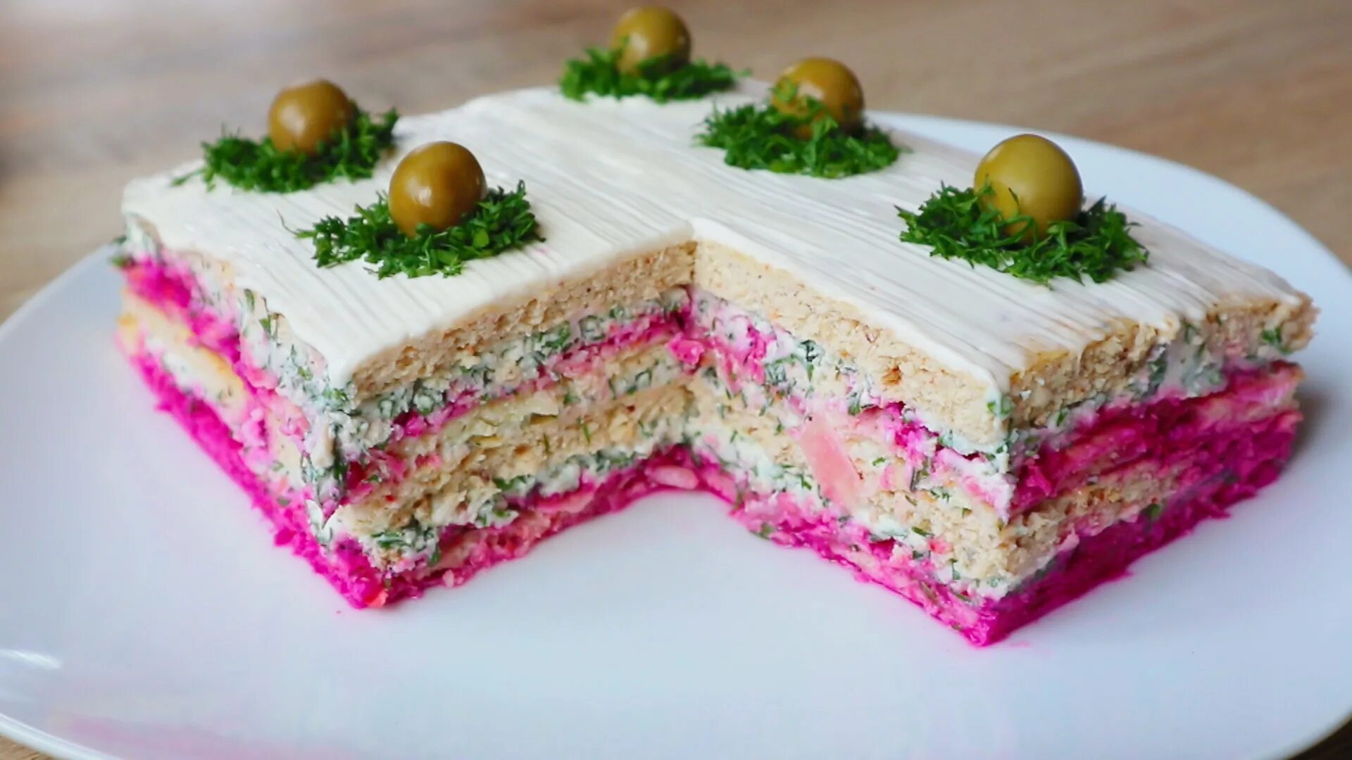 Закусочный вафельный торт с сельдью и грибами Самые вкусные кулинарные рецепты