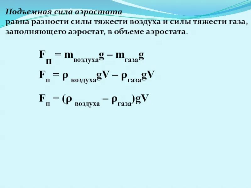 Как вычислить подъемную силу воздушного шара. Подъемная сила аэростата. Формула расчета подъемной силы аэростата. Подъемная сила равна. Чему равна подъемная сила.