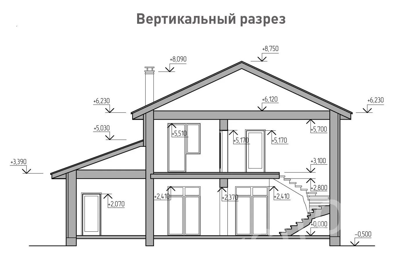 Средняя высота 2 этажа. Вертикальный разрез. Проект дома в разрезе. Разрез дома из керамзитоблока. Вертикальный разрез одноэтажного дома.