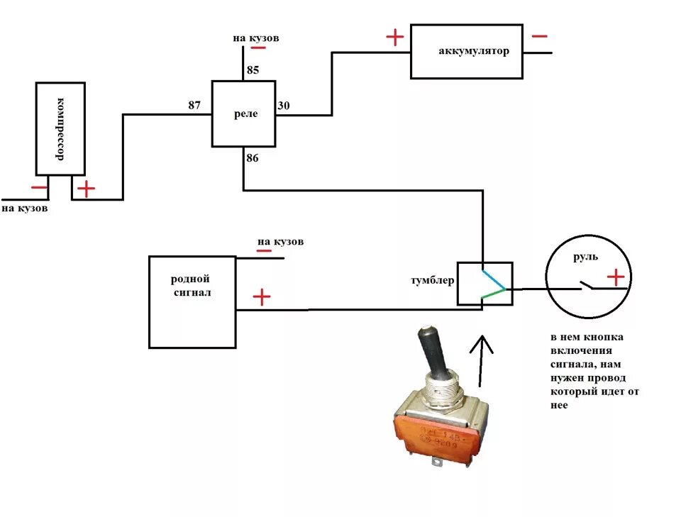 Как подключается сигнал. Схема подключения сигнала с компрессором через реле. Схема подключения сигнала через реле на кнопку. Схема подключения автомобильного компрессора через реле. Подключить воздушный сигнал через реле схема.