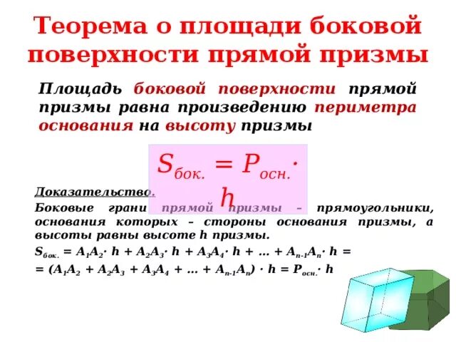 Произведение периметра основания на высоту призмы равно. Теорема о площади боковой поверхности прямой Призмы. Площадь боковой поверхности прямой Призмы доказательство. Призма площадь боковой поверхности прямой Призмы. Доказательство теоремы о площади боковой поверхности прямой Призмы.