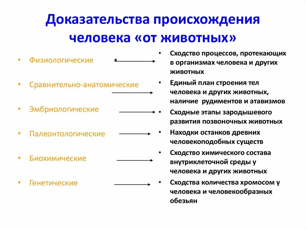 Доказательство происхождения человека от животных таблица 8 класс. Факторы свидетельствующие о происхождении человека от животных. Доказательства происхождения человека от животных. Доказательство эволюции происхождения человека.