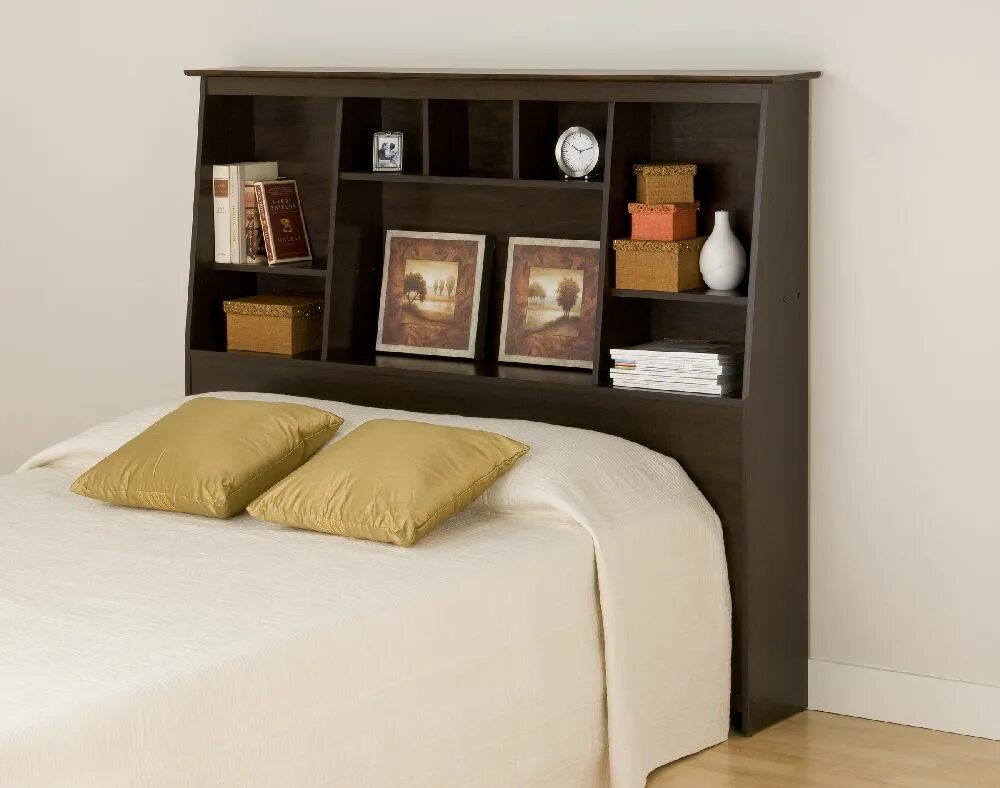 Sage Distressed Grey Bookcase Headboard (Full), Gray Headboard with shelves, Boo