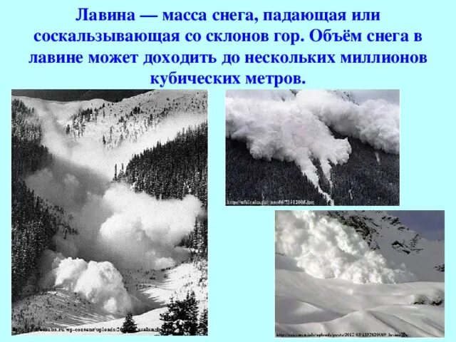 Падающая или соскальзывающая со склонов масса снега