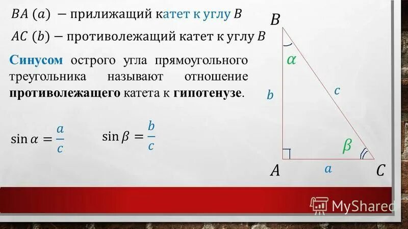 Найти катет через синус угла. Синус косинус и тангенс острого угла прямоугольного треугольника. Синус косинус тангенс в прямоугольном треугольнике. Противолежащий угол в прямоугольном треугольнике. Синус угла в прямоугольном треугольнике.