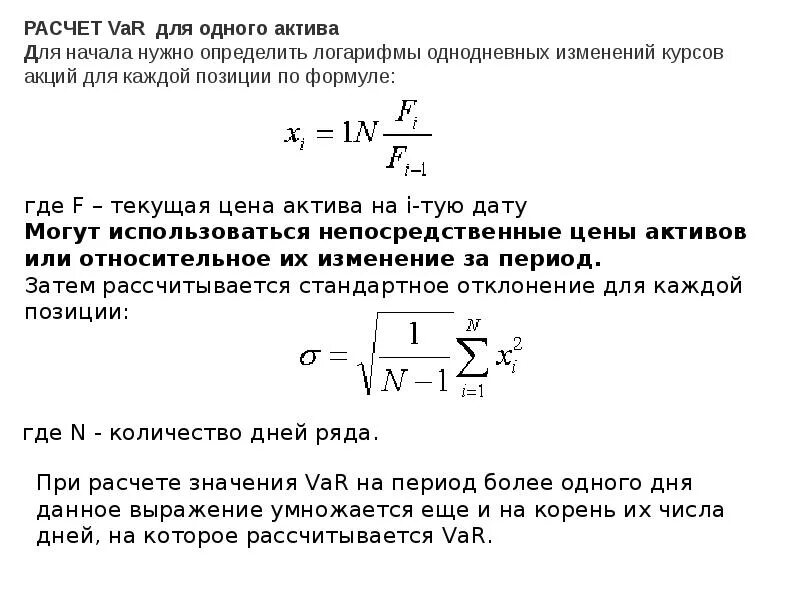 Расчет var. Какие подходы при расчете var. Формулы расчета var для актива. Параметры расчета var.