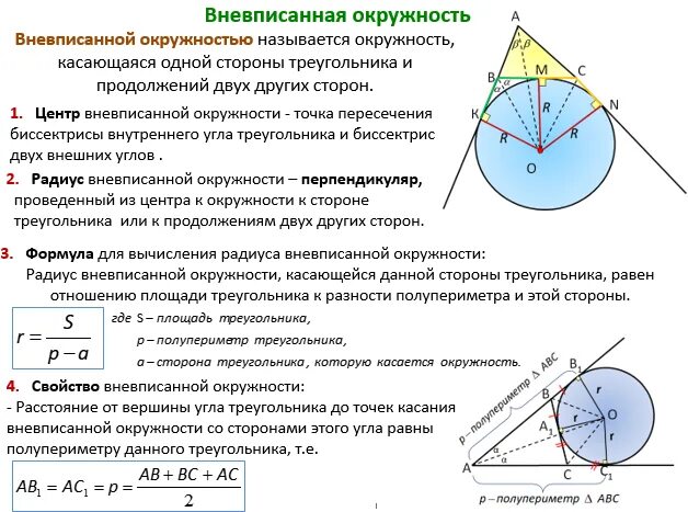 Теорема о центре вневписанной окружности. Теорема о вневписанной окружности треугольника. Доказательство свойства вневписанной окружности треугольника. Радиус вневписанной окружности треугольника. Свойства вневписанной окружности