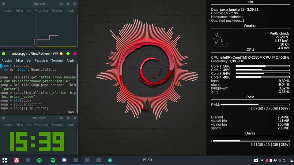 Clock linux. Визуализатор glava linux. conky график из переменных.