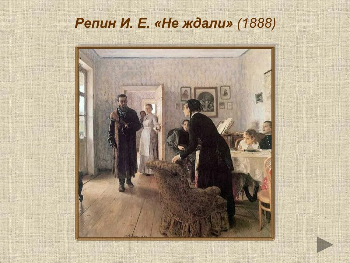 Картина не ждали. Репин 1884 не ждали. Репин Илья Ефимович не ждали. И.Е. Репин. Не ждали». 1884–1888. Илья Репин не ждали картина.