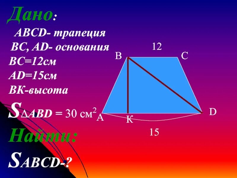 Abcd равнобедренная трапеция найти sabcd. Трапеция. площадь трапеции. abcd трапеция найти sabcd. площадь трапеции найдите sabcd.