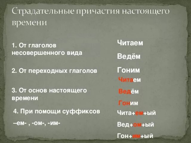 Страдательное причастие настоящего времени слова слышать. Гнать Причастие настоящего времени. Страдательные причастия настоящего времени. Побеждать страдательное Причастие настоящего времени. Гнать настоящее время страдательное Причастие.