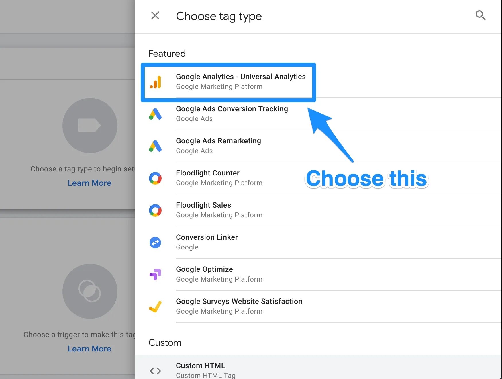 Choose tag. Conversion tracking. Google Universal Analytics заблокирован.