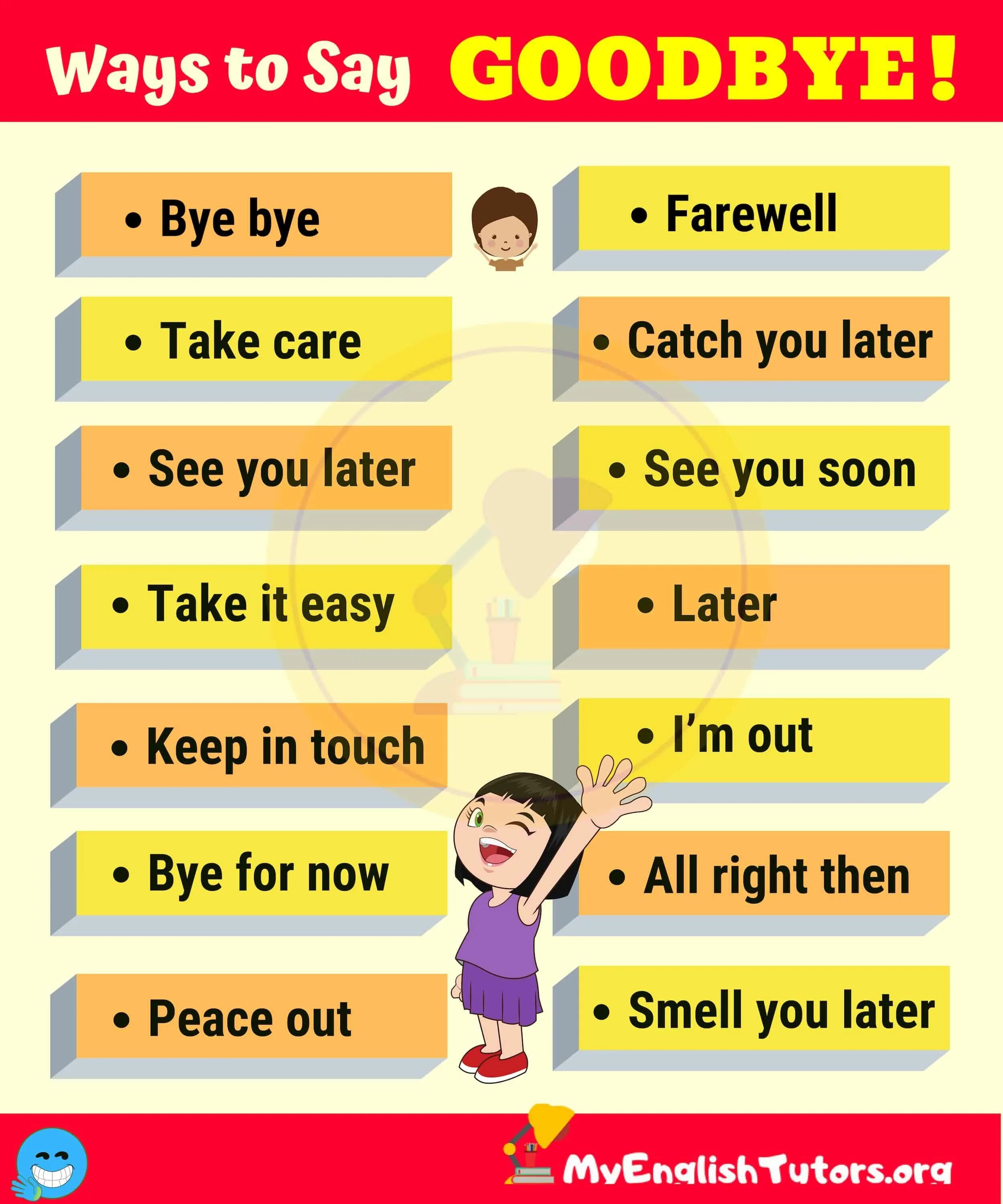 Ways to say Goodbye in English. Goodbye phrases. Other ways to say Goodbye. Saying Goodbye in English.