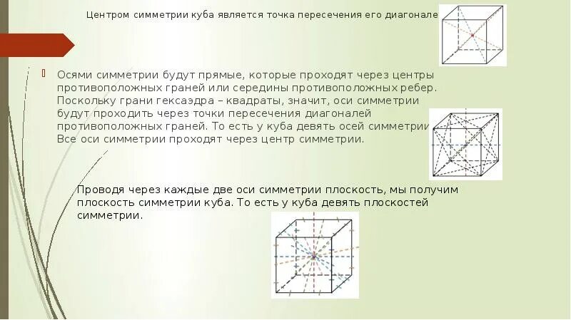 Прямая проходящая через середины противоположных сторон. Оси симметрии Куба 9. Центр симметрии Куба. Точка симметрии Куба. Оси симметрии проходящие через центры противолежащих граней.