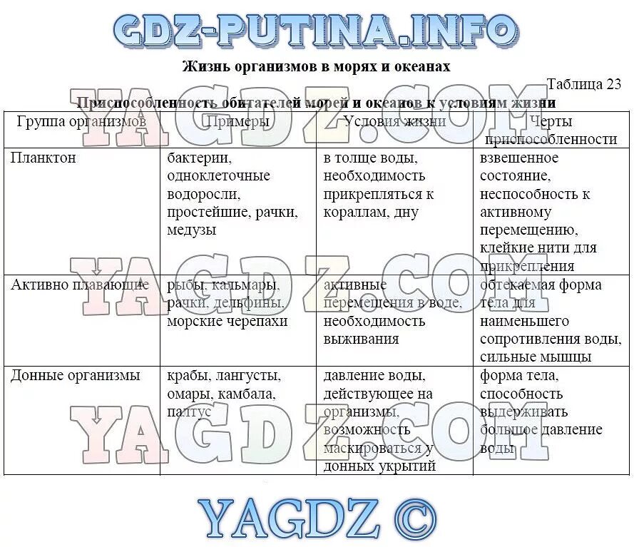 Биология пятый класс таблица Водоросли таблица 5 класс