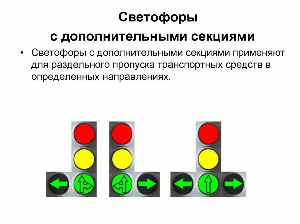 Движение под секцию светофора. Сигналы светофора с одной дополнительной секцией. Значение сигналов светофора с дополнительными секциями. Обозначение сигнала светофора с дополнительной секцией. Сигналы светофора для трамваев.