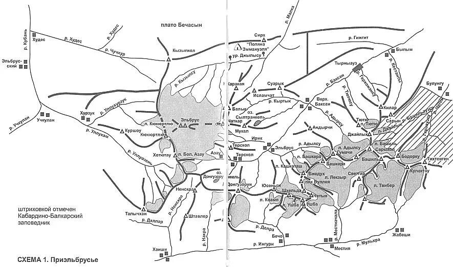 Северное плато карта. Ледники Эльбруса схема расположения. Национальный парк Приэльбрусье карта-схема. Схема Эльбруса в разрезе. Карта высот Приэльбрусья.