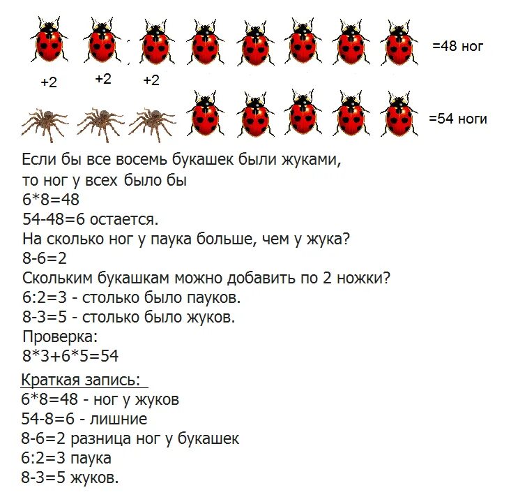 Сколько лапок у 6 жуков. Задачи про пауков. Жуки и пауки задача. Мальчик наловил пауков и Жуков 8. Задача про Жуков и пауков решение.