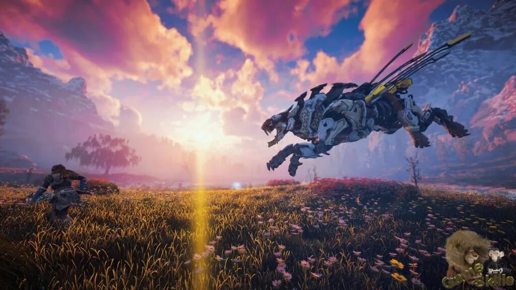 Horizon вылетает игра. Horizon Zero Dawn динозавры. Камнегрыз Horizon Zero Dawn. Horizon Zero Dawn арт машин. Бизон хорайзен.