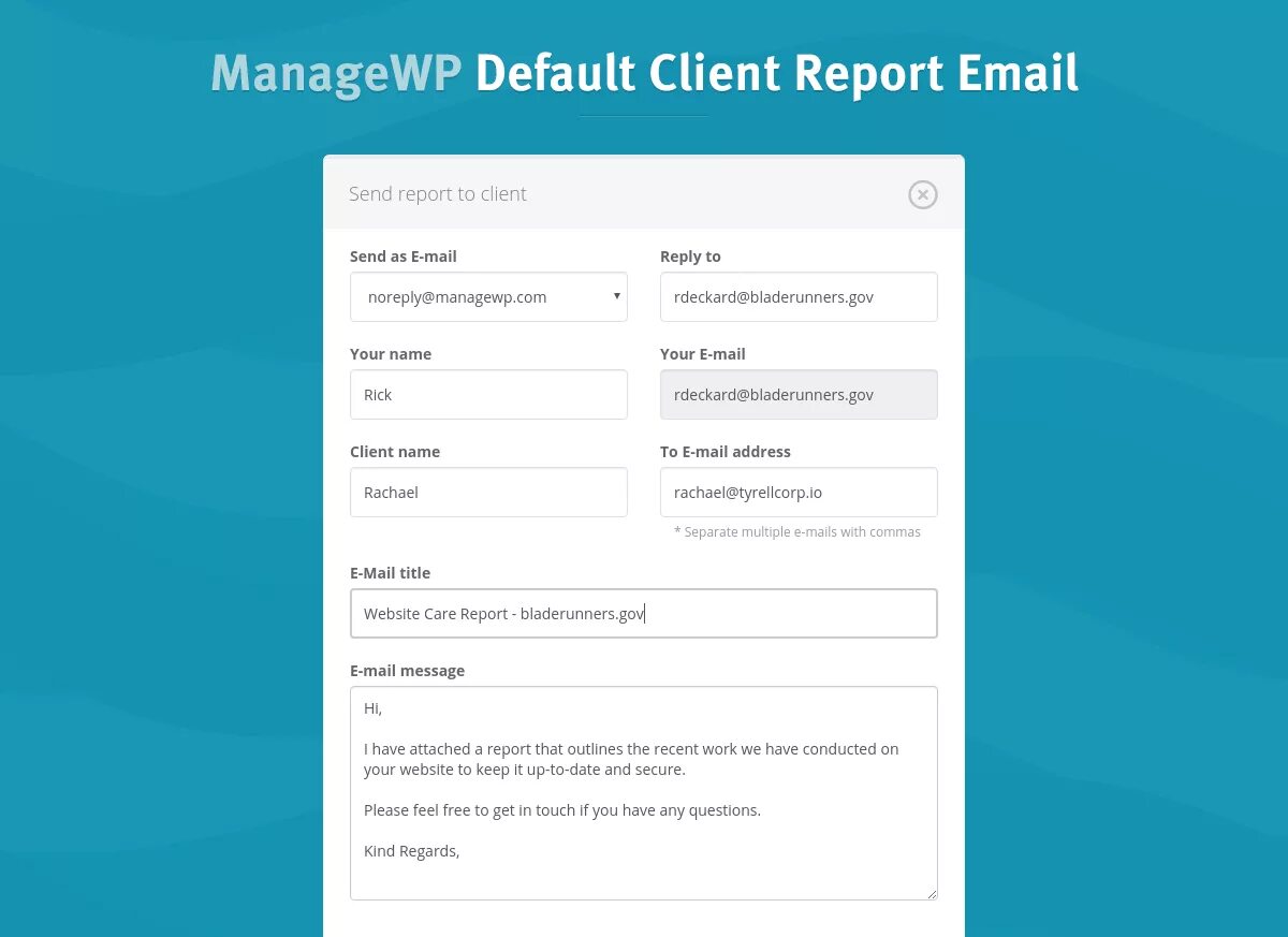 Email Report. E-mail Report. Default client. WETREP send Report. Report attached