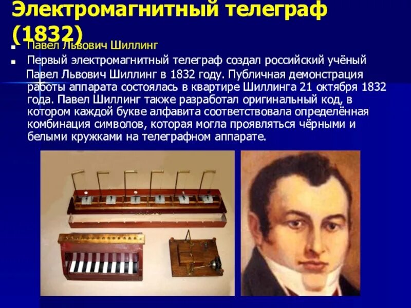 1832 Г.— электромагнитный Телеграф шиллинга.. Кто является изобретателем беспроволочного телеграфа