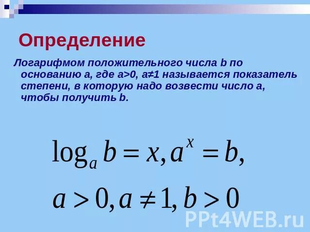 Логарифм по основанию 5 от 5. Логарифм положительного числа b по основанию a. логарифмом числа b по основанию a называется. логарифмом положительного числа b по основанию a называется. возвести число в логарифм.