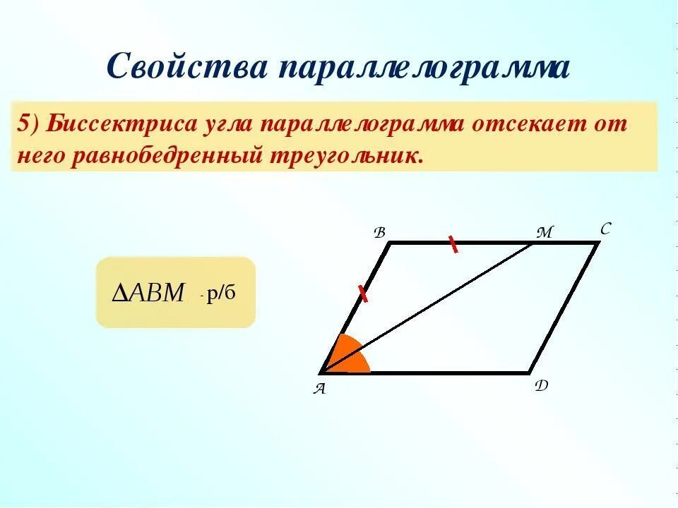 Биссектриса смежных углов параллелограмма. Свойство биссектрисы угла параллелограмма. Признаки параллелограмма биссектриса. Теорема о биссектрисе параллелограмма. Свойства биссектрисы параллелограмма с доказательством.