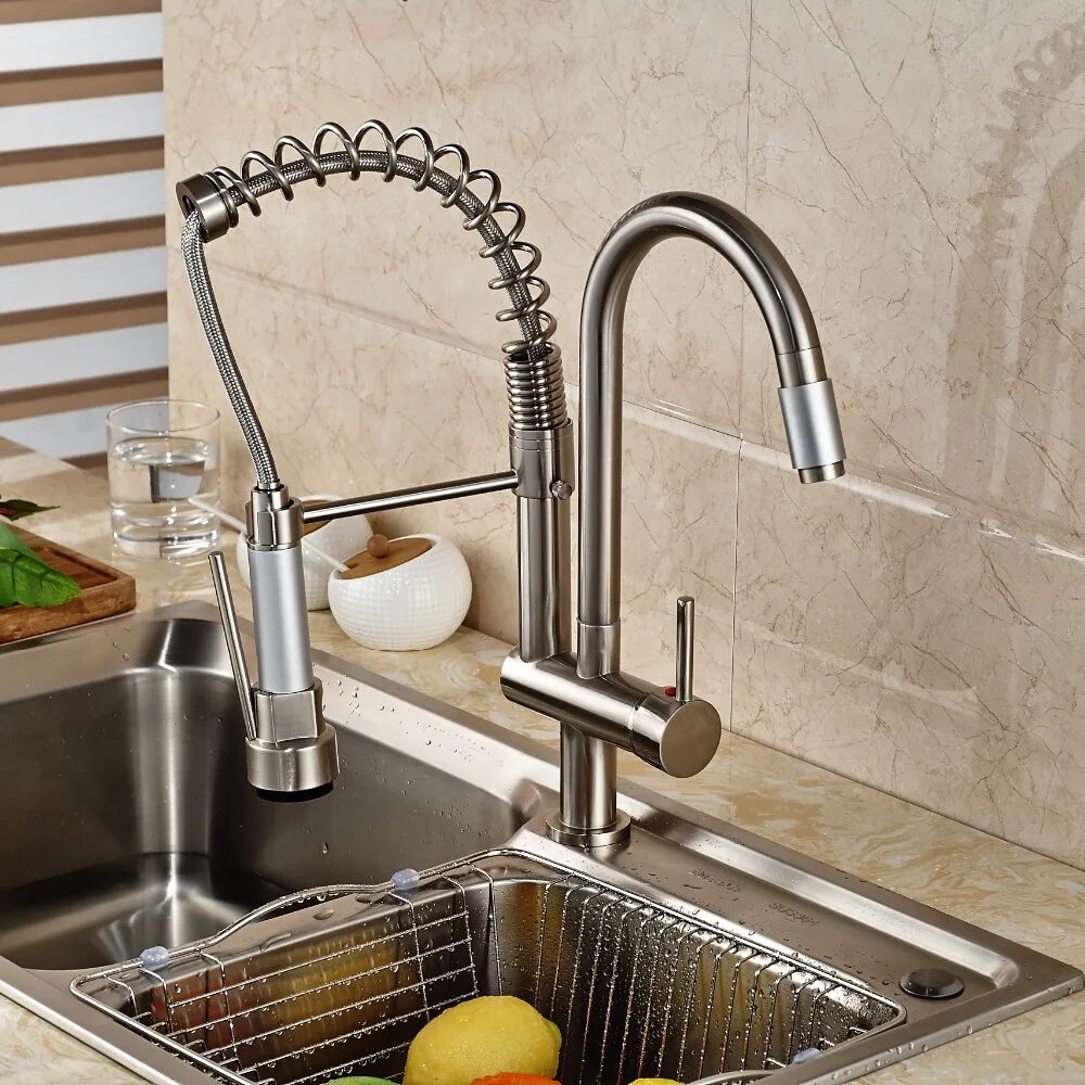 Двойной кран на кухню. Смеситель nickel brushed. смеситель для кухни. смеситель для кухни и раковины. смеситель кухонный двойной.