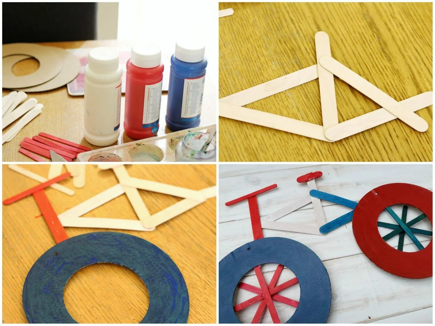 поделки из картона и палочек. конструкции из деревянных шпажек. велосипед из картона. закладки из картона. домик из палочек для мороженого.