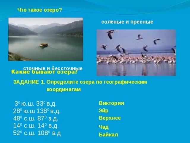 Задачи про озеро. Какие бывают озера. Большое солёное озеро координаты. Определите озера. Координаты озер.