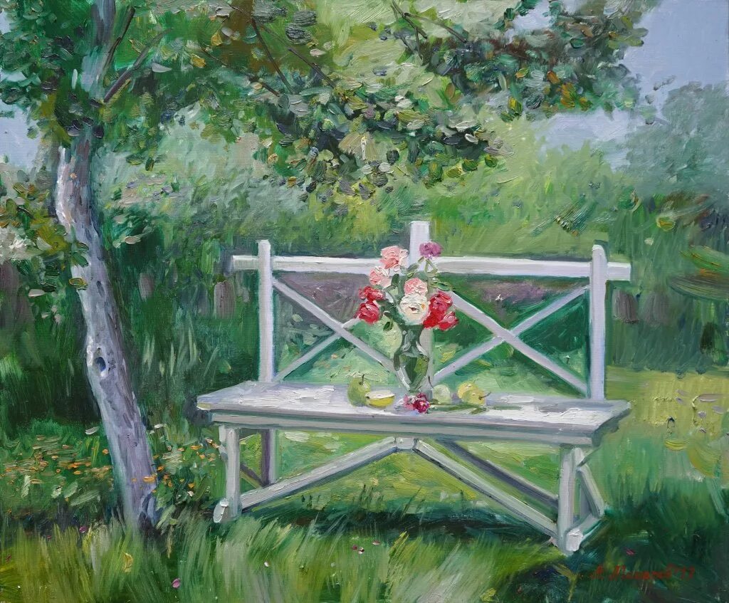 Уильям меррит чейз картины. Картина на лавочке. Картина скамейка. Лавочка сад живопись. Картина на лавочке.