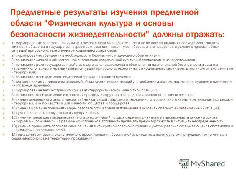 предметные результаты изучения предметной