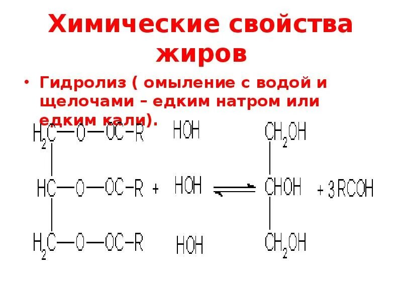 Гидролиз жиров водой. Химические свойства жиров. Химические свойства жиров гидролиз. Свойства жиров химические свойства. Гидролиз омыление жиров.