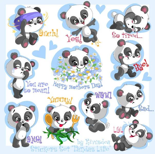 Набор наклеек мишки панды. Стикерпак Панда. Наклейки в иллюстраторе. Sticker Set. Сеты наклеек
