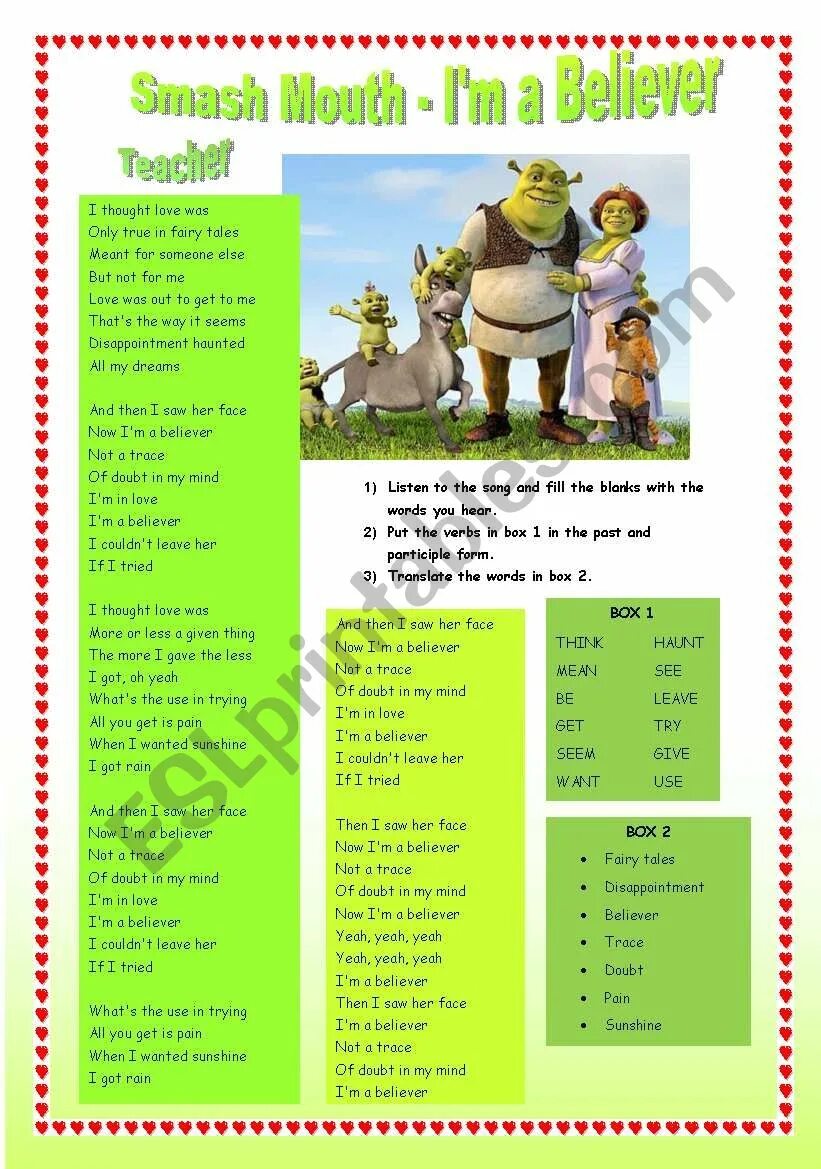 Песня шрека на английском. Английский задания по Шрек. Shrek Worksheets. Задания про Шрека на английском. Shrek Song Worksheets.