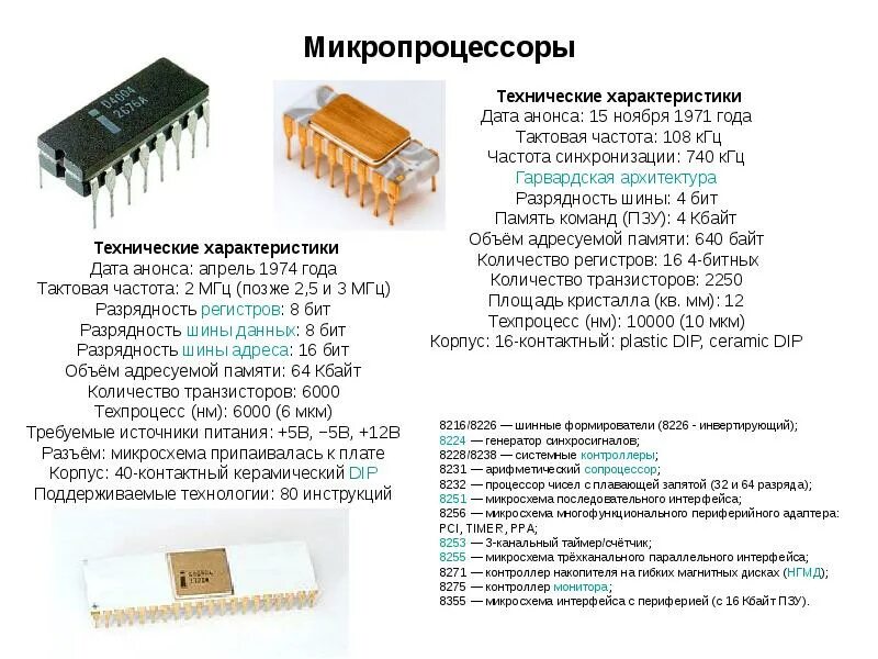 Инструкции микропроцессора. Тактовая частота микропроцессора. Схема микропроцессора. Объем адресуемой памяти процессора. Технические характеристики микропроцессора.