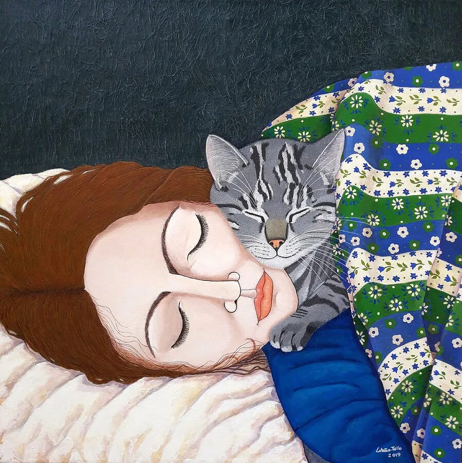 Sleeping friends. Картина сон. Сон иллюстрация. Сонная кошка живопись. Картина спящие.