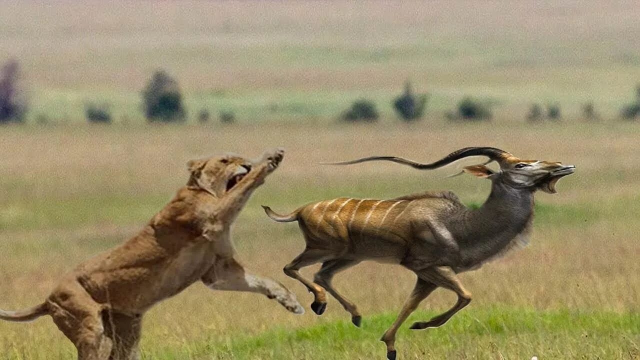 Лев гонится. Лев охотится. Антилопа убегает от Льва.