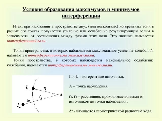 Интерференция усиление волн при наложении. Условия образования максимумов и минимумов при интерференции. Условие усиления волн при интерференции. Условие максимумов при интерференции двух когерентных волн. Максимумы при интерференции от двух