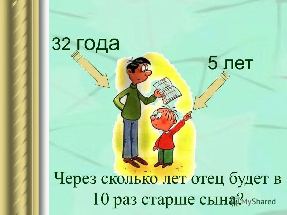 Отец на 6 лет старше сына. Отцу 32 года сыну 5 лет через сколько лет отец будет в 10 раз старше сына. Задача отец старше сына на 6 лет. Через сколько лет отец будет в 5 раз старше сына. Когда моему отцу был 31 год