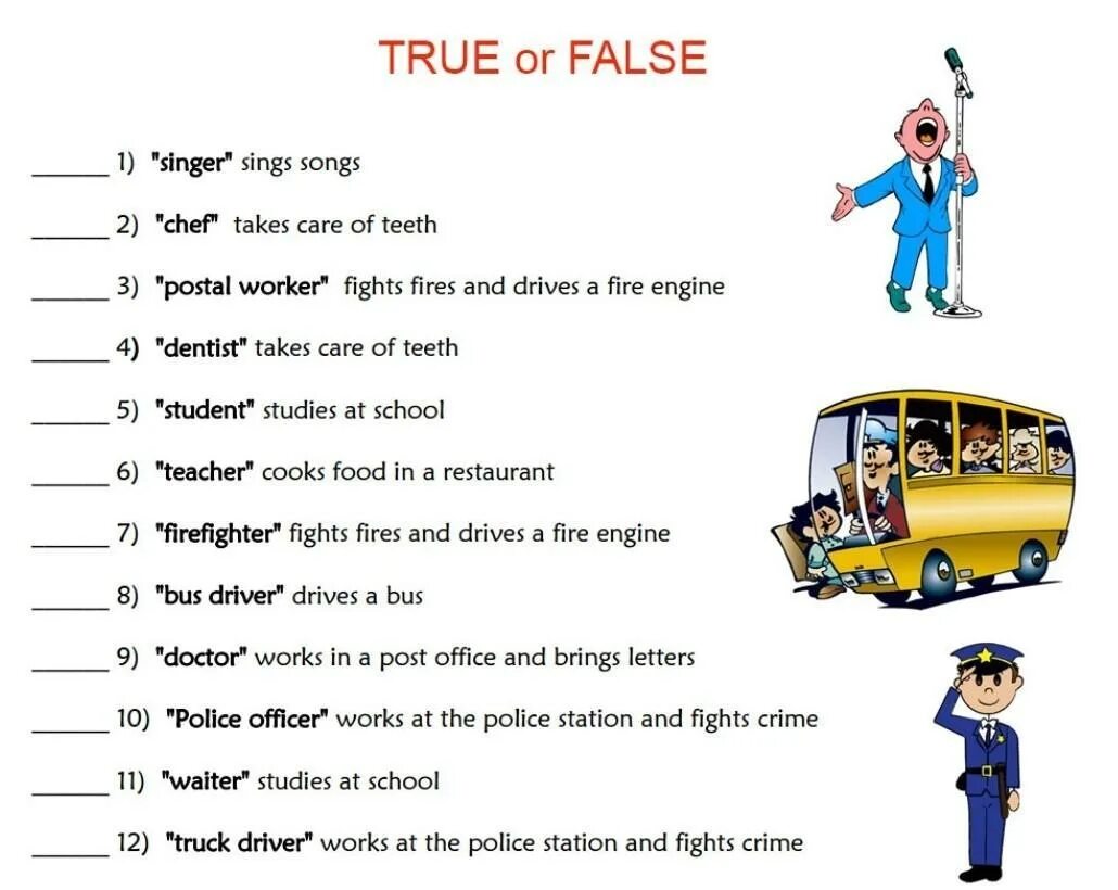 Предложения true false. Профессии по английскому языку. Профессии на английском задания. Профессии для детей YF fyu ZP. Упражнения по английскому по профессиям.