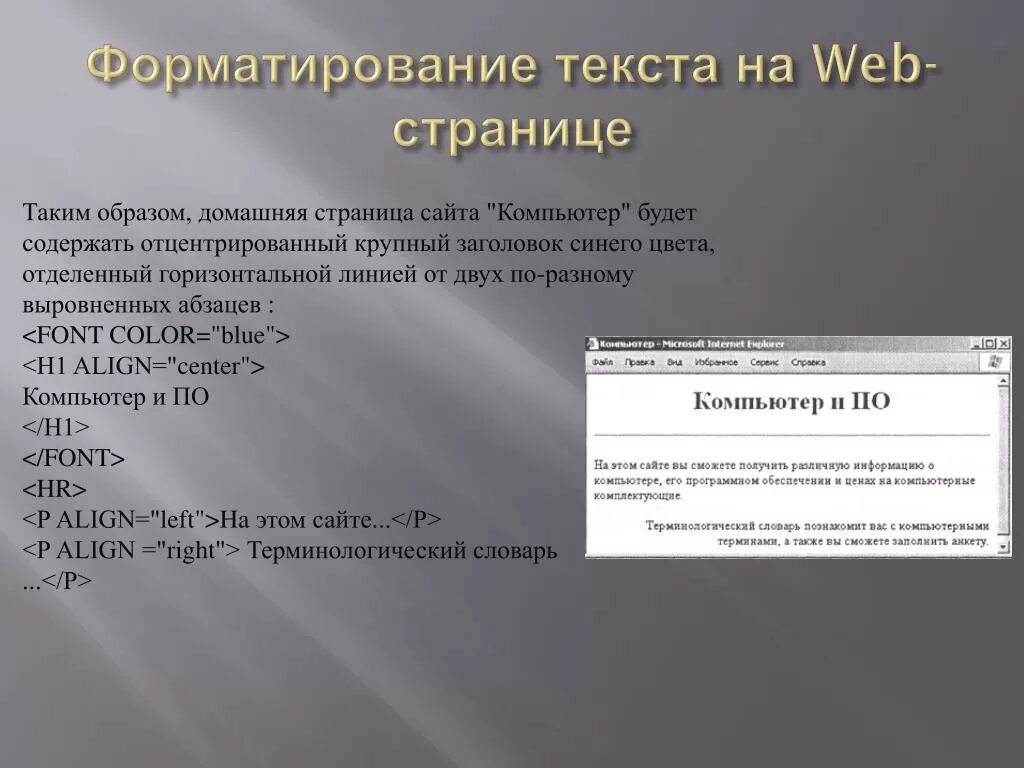 Отформатированный заголовок. Форматирование текста на веб странице. Форматирование текста на web-странице. Публикация текста на веб-странице. Пи1.4.852-2002.