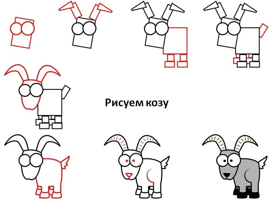 Рисование в средней группе козлятки выбежали погулять. Как нарисовать козу. Поэтапный рисунок козы. Пошаговый рисунок козы для детей. Как нарисовать козу поэтапно.