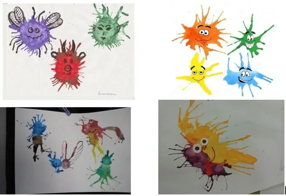 Рисование микробы кляксография. Кляксография в детском саду старшая группа летом. Рисование кляксами для детей. Кляксография техники рисования.