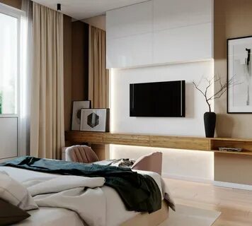 Оформление стены в спальне напротив кровати с телевизором - фото