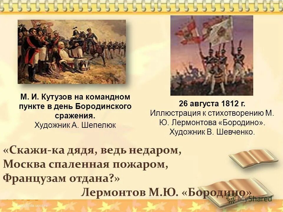 Мысль стихотворения бородино. Тест по стихотворению Бородино 5 класс. Скажика дядя Бородино стих презентация. О какой войне говорил Шевченко в своих стихах.