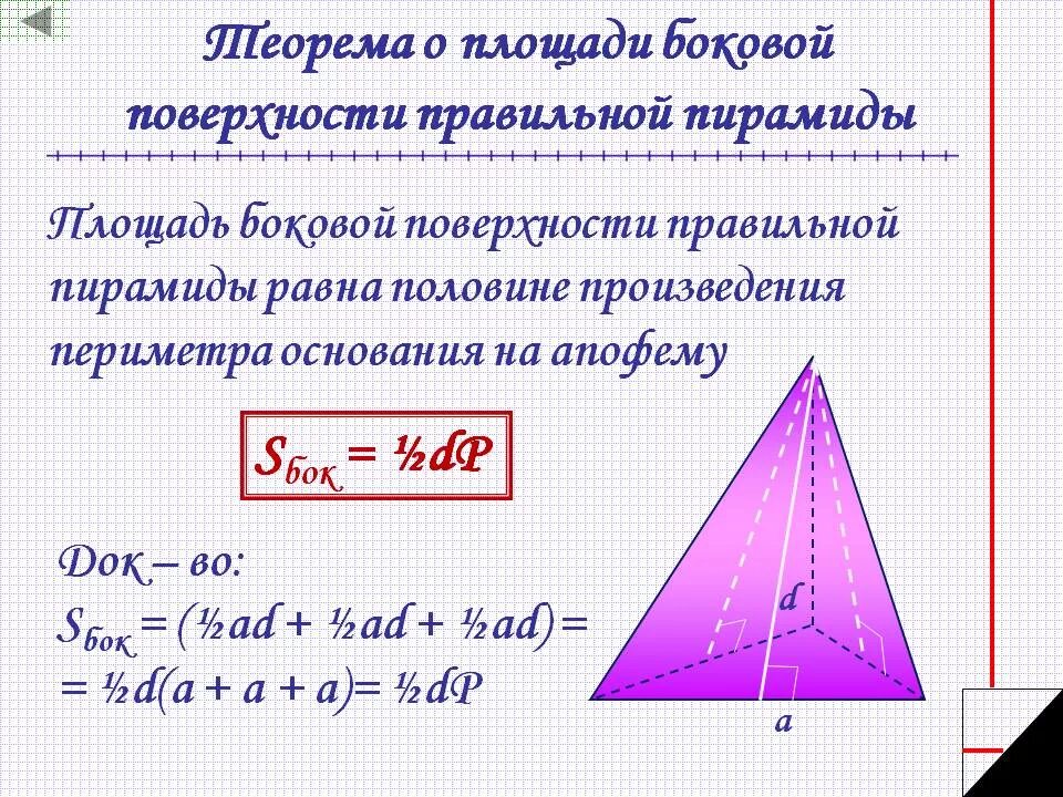 Площадь боковой поверхности равна произведению на апофему. Площадь боковой поверхности правильной пирамиды. Площадь бок поверхности пирамиды правильной треугольной пирамиды. Формула нахождения площади боковой поверхности правильной пирамиды. Пирамида площадь боковой поверхности правильной пирамиды.