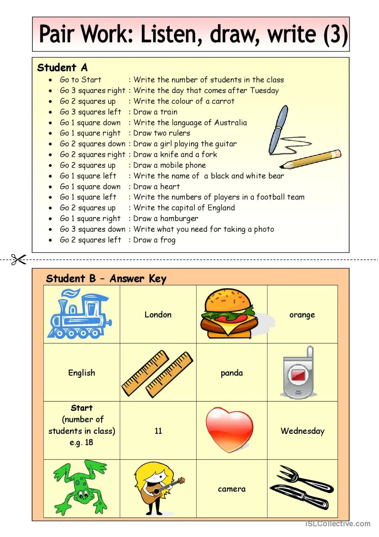 Pair work activities. Listen and draw. Speaking pair work. Listening activities for students. Work in pairs write