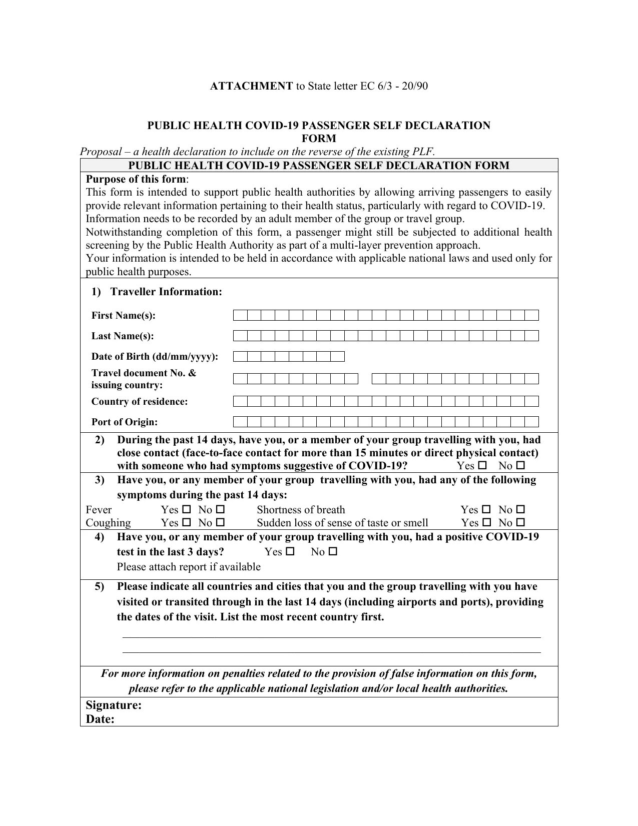 Traveller declaration. Traveller declaration